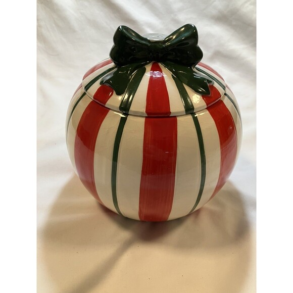 Stripped Christmas Ball Tree Ornament Cookie Jar Kitchen Holiday Baking Storage - Picture 1 of 5